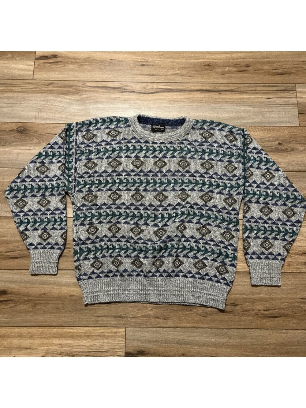 Men's VTG Reed St James Knit Sweater 2XL Gray USA Made Geometric Retro Grandpa